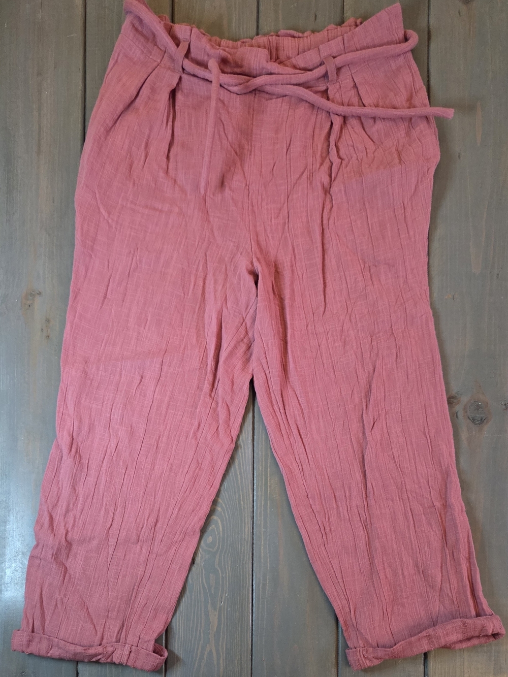 Free People Pink Gauze Pants Size L High Rise Elastic Waist Boho Crop
